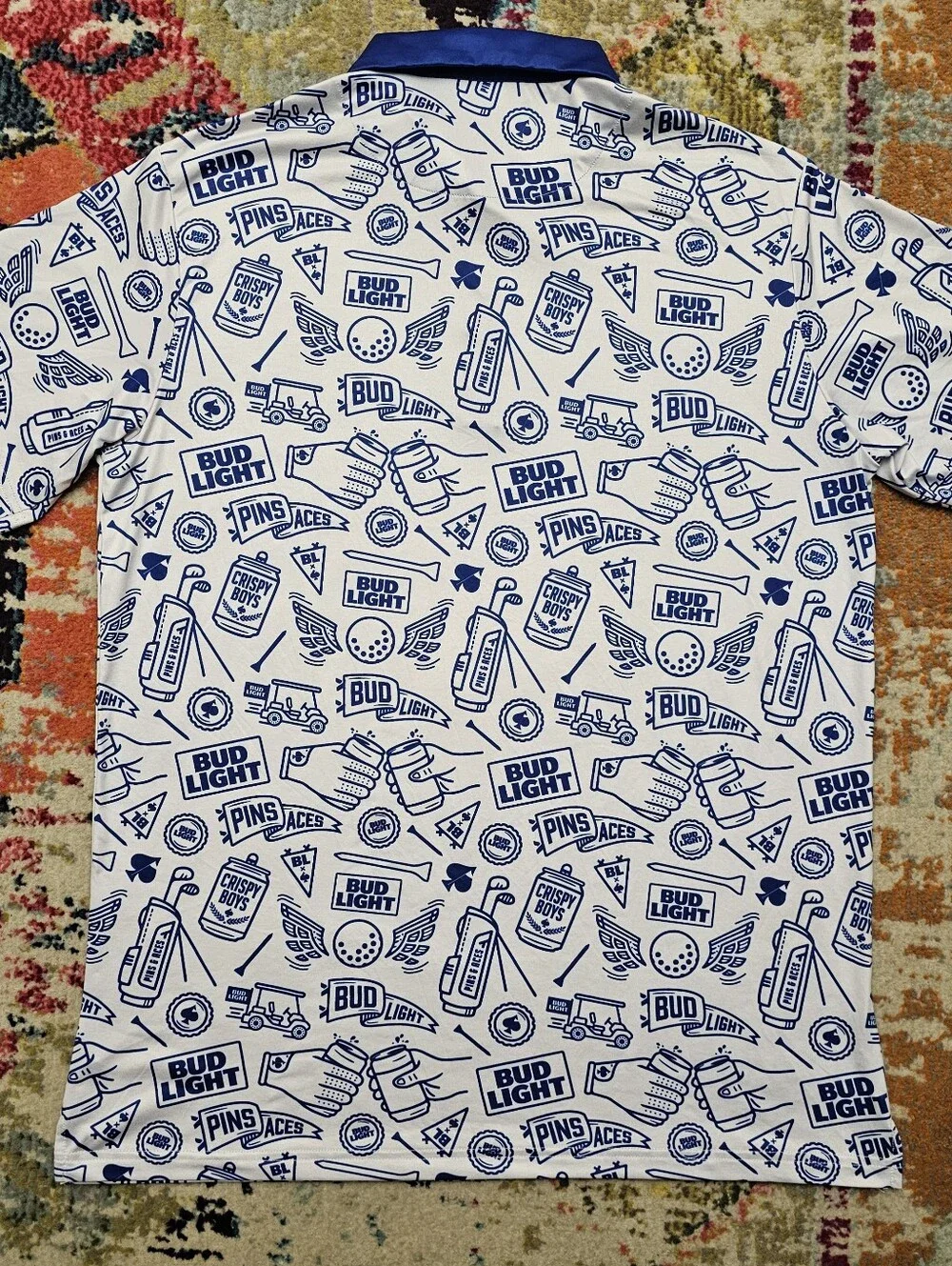 Pins & Aces Bud Light Crispy Boys Golf Polo Mens Large White Blue All Over Print